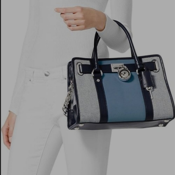 MK Michael Kors CENTER STRIPE COLOR BLOCK BLUE EAST WEST Hamilton SATCHEL PURSE - Picture 1 of 6